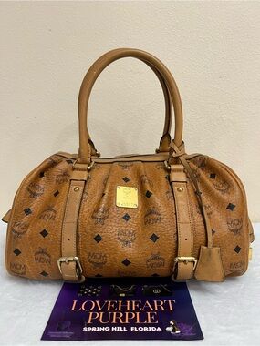 MCM Cognac Visetos Satchel with Gold Plaque